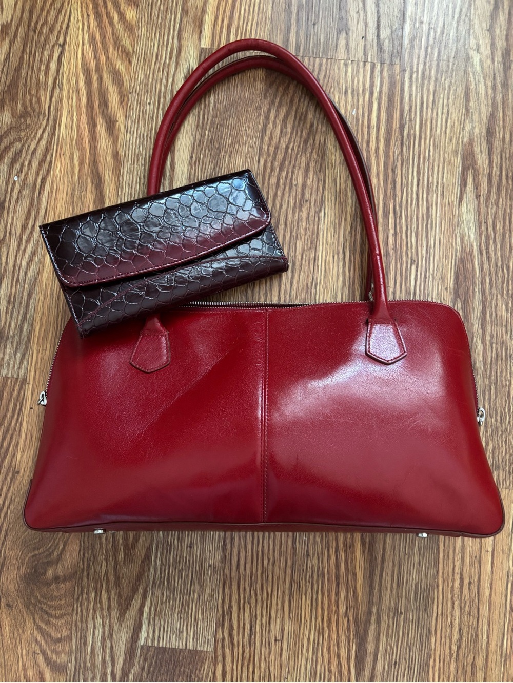 HOBO Red Leather Shoulder Bag with Matching Dark Red Wallet